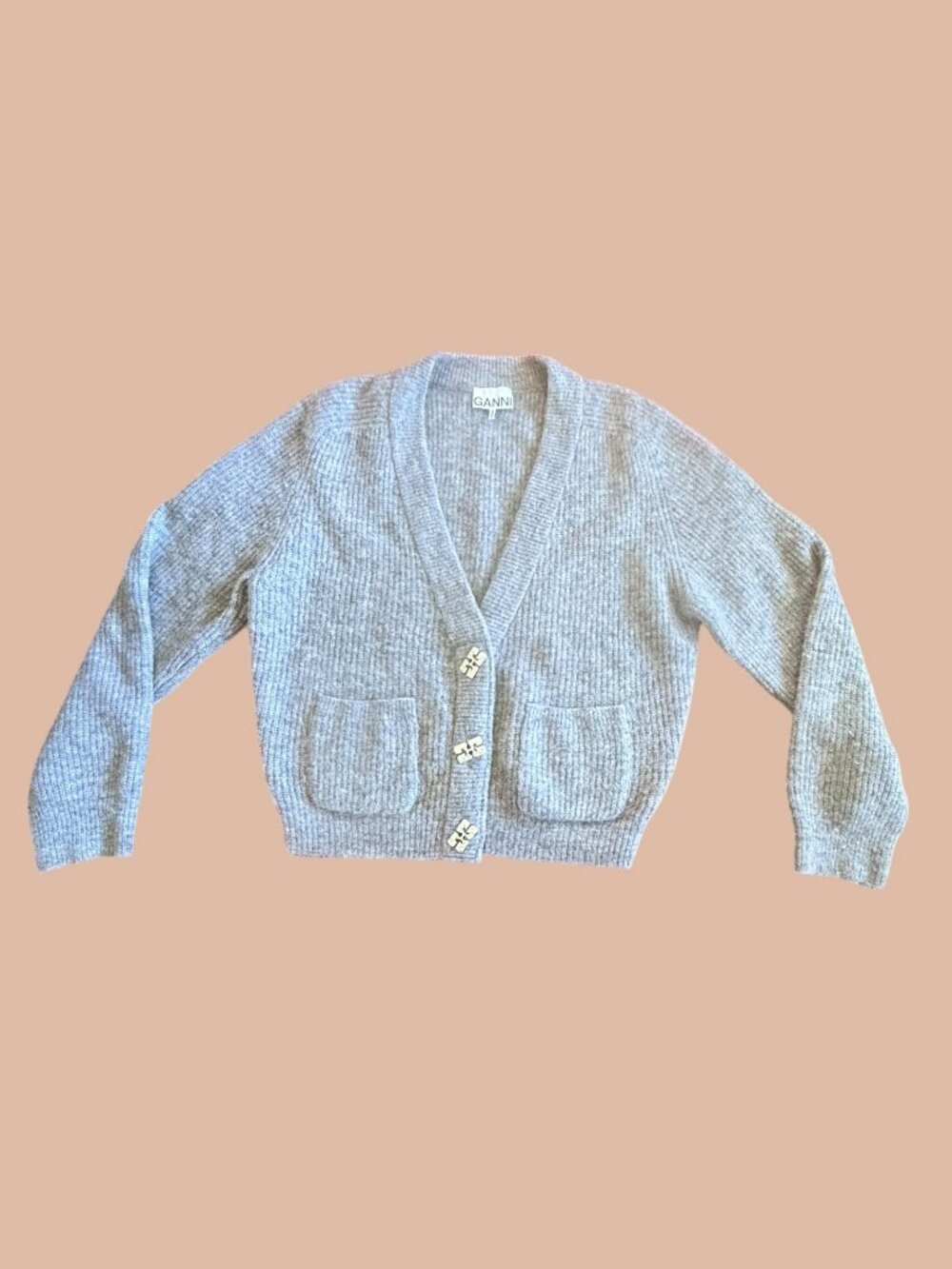 GANNI Soft Wool Cardigan-Paloma Melange-Women's Medium-NWOT - Picture 2 of 11